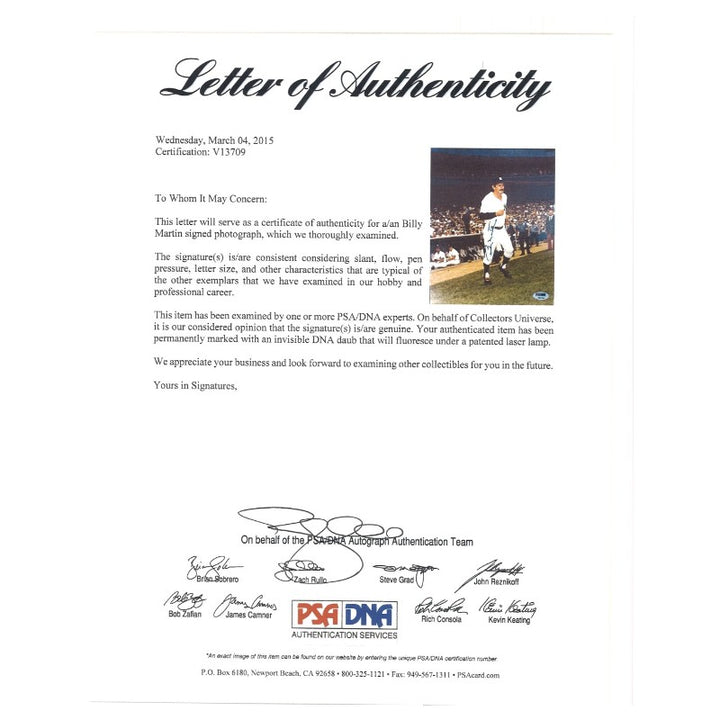 Billy Martin New York Yankees Autographed 8x10 Photo On Field PSA LOA