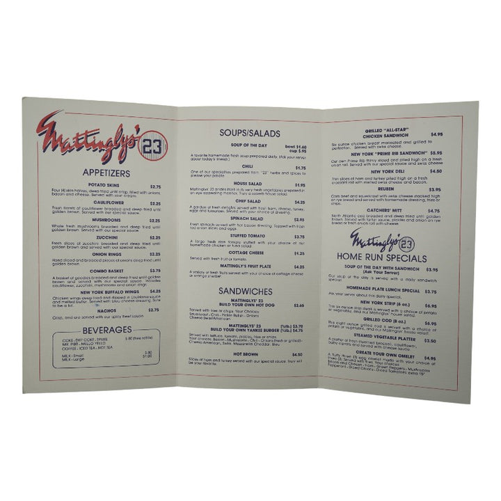 Don Mattingly New York Yankees Autographed Mattingly's Restaurant Menu Steiner COA