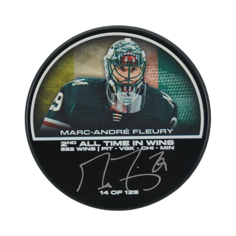 Marc Andre Fleury Minnesota Wild Autographed 2nd All Time Wins Puck LE 14/129 Fanatics Auth