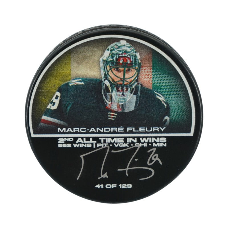 Marc Andre Fleury Minnesota Wild Autographed 2nd All Time Wins Puck LE 41/129 Fanatics Auth