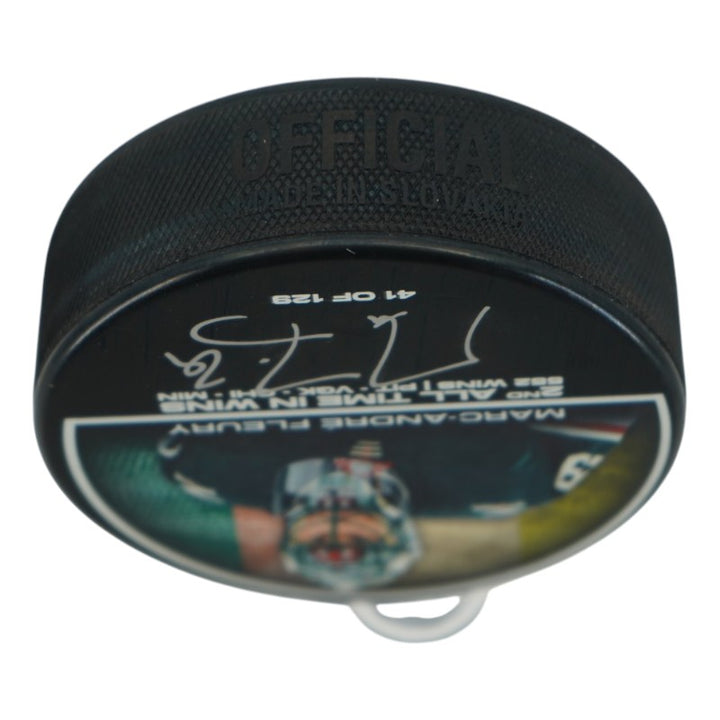 Marc Andre Fleury Minnesota Wild Autographed 2nd All Time Wins Puck LE 41/129 Fanatics Auth