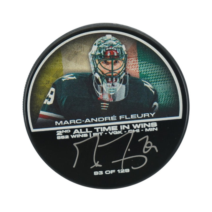 Marc Andre Fleury Minnesota Wild Autographed 2nd All Time Wins Puck LE 83/129 Fanatics Auth