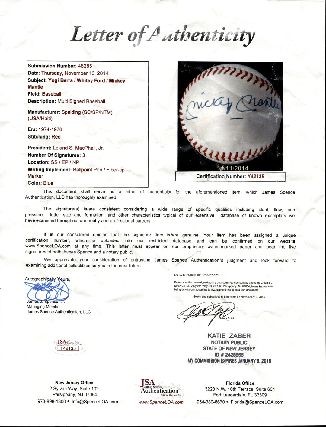 Mantle, Ford, Berra Yankees Multi Signed OAL Lee MacPhail Ball (JSA LOA)