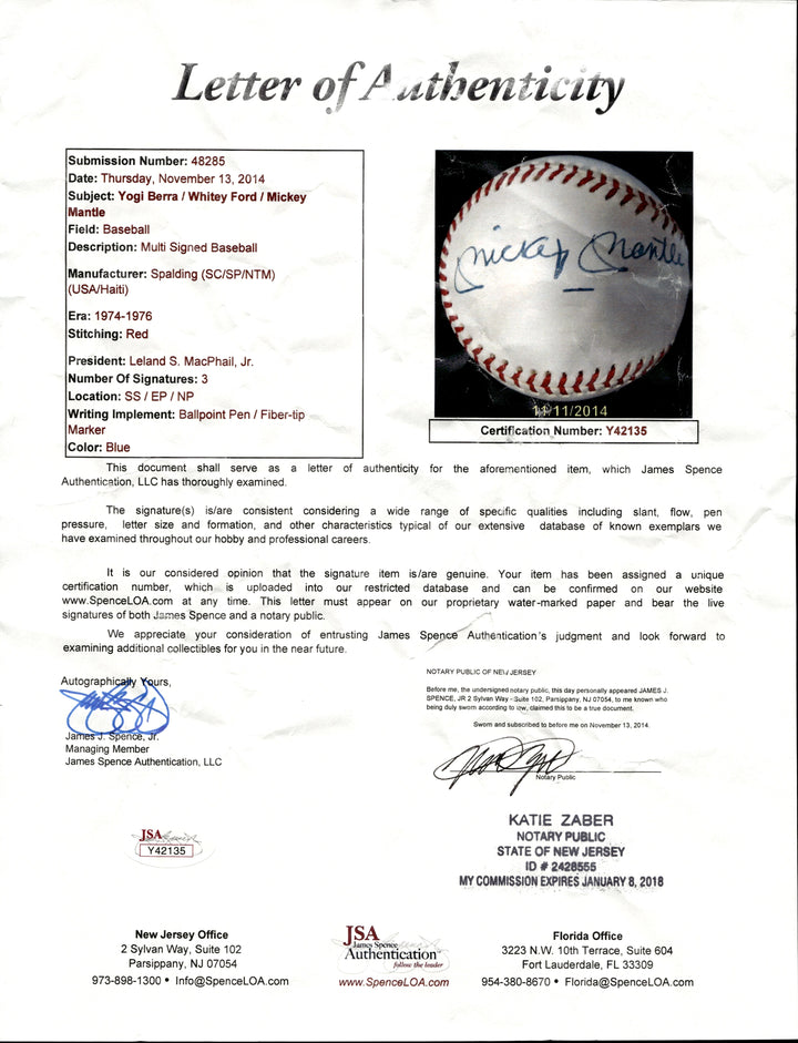 Mantle, Ford, Berra Yankees Multi Signed OAL Lee MacPhail Ball (JSA LOA)