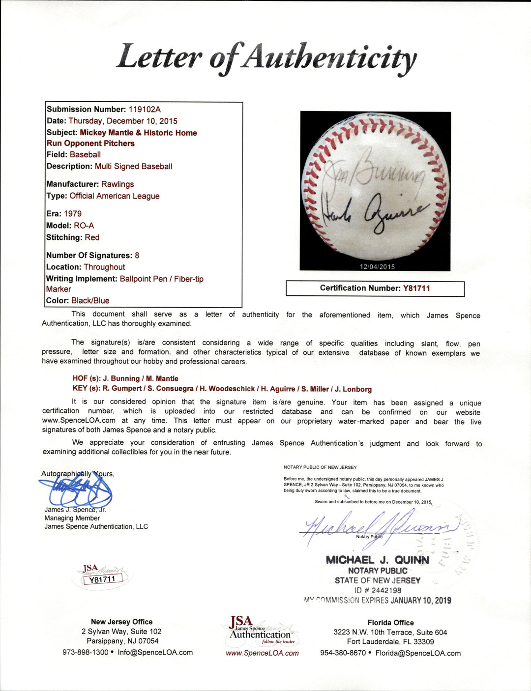 Mickey Mantle Multi Signed Autographed Historic HR Pitchers OAL Ball (JSA LOA)