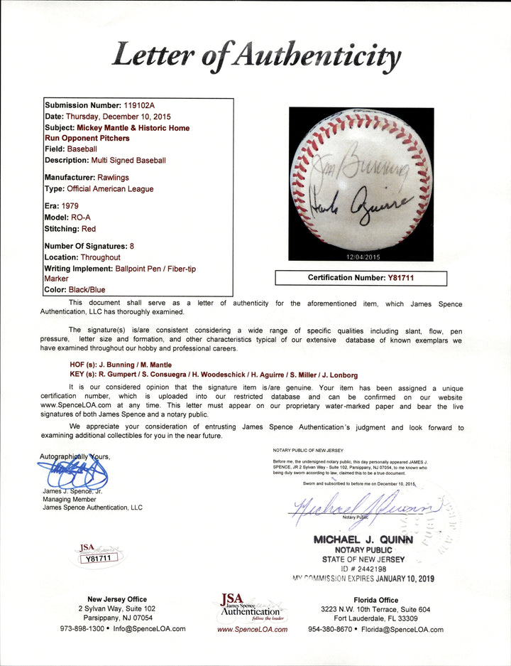 Mickey Mantle Multi Signed Autographed Historic HR Pitchers OAL Ball (JSA LOA)