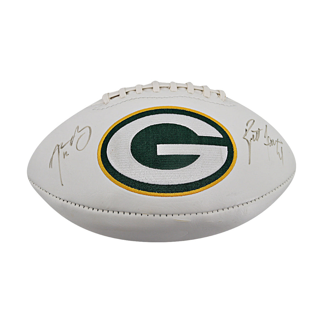 Aaron Rodgers Brett Favre Green Bay Packers Autographed White Panel Football Fanatics Auth