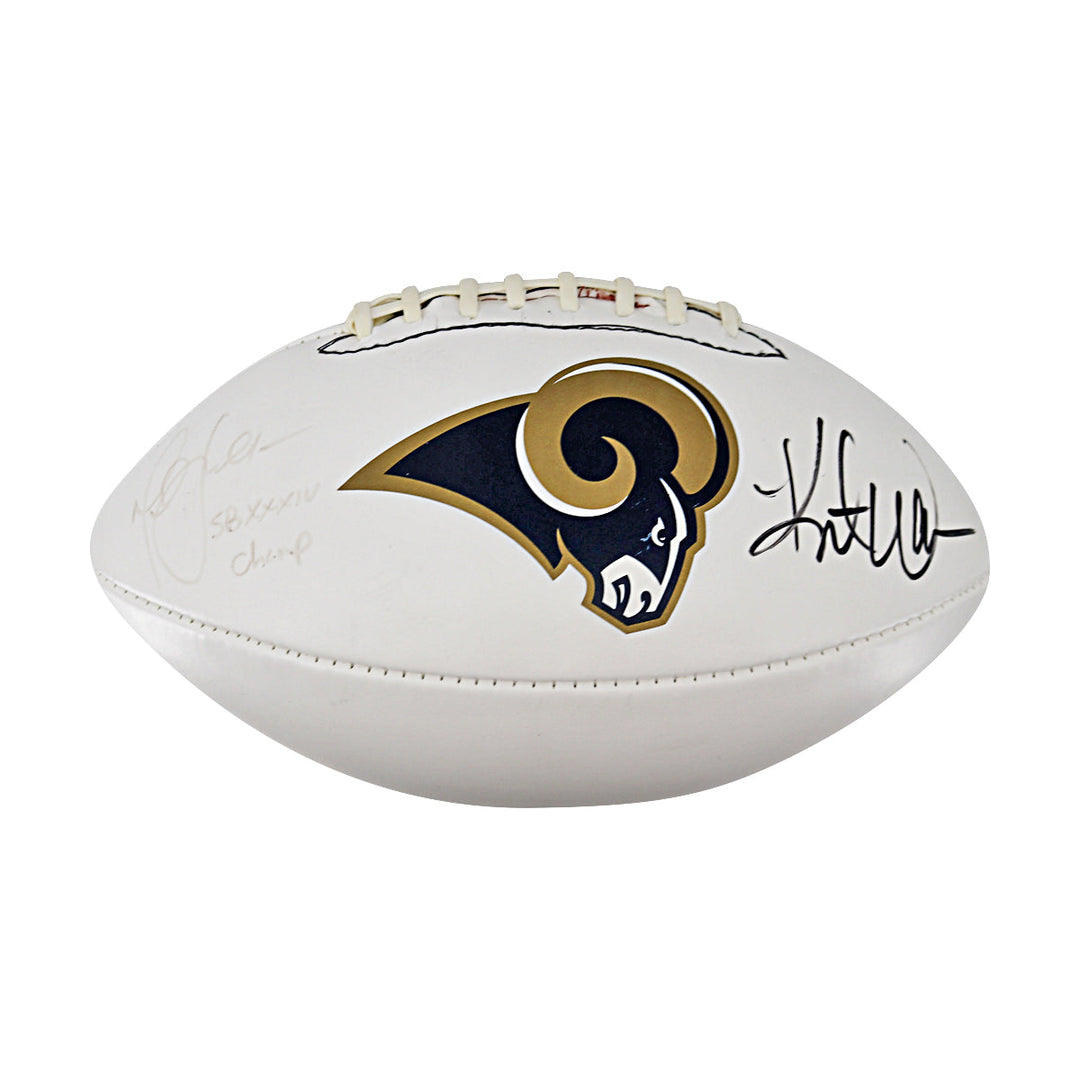Kurt Warner Marshall Faulk Los Angeles Rams Dual Signed Inscribed White Panel Football PSA Holo