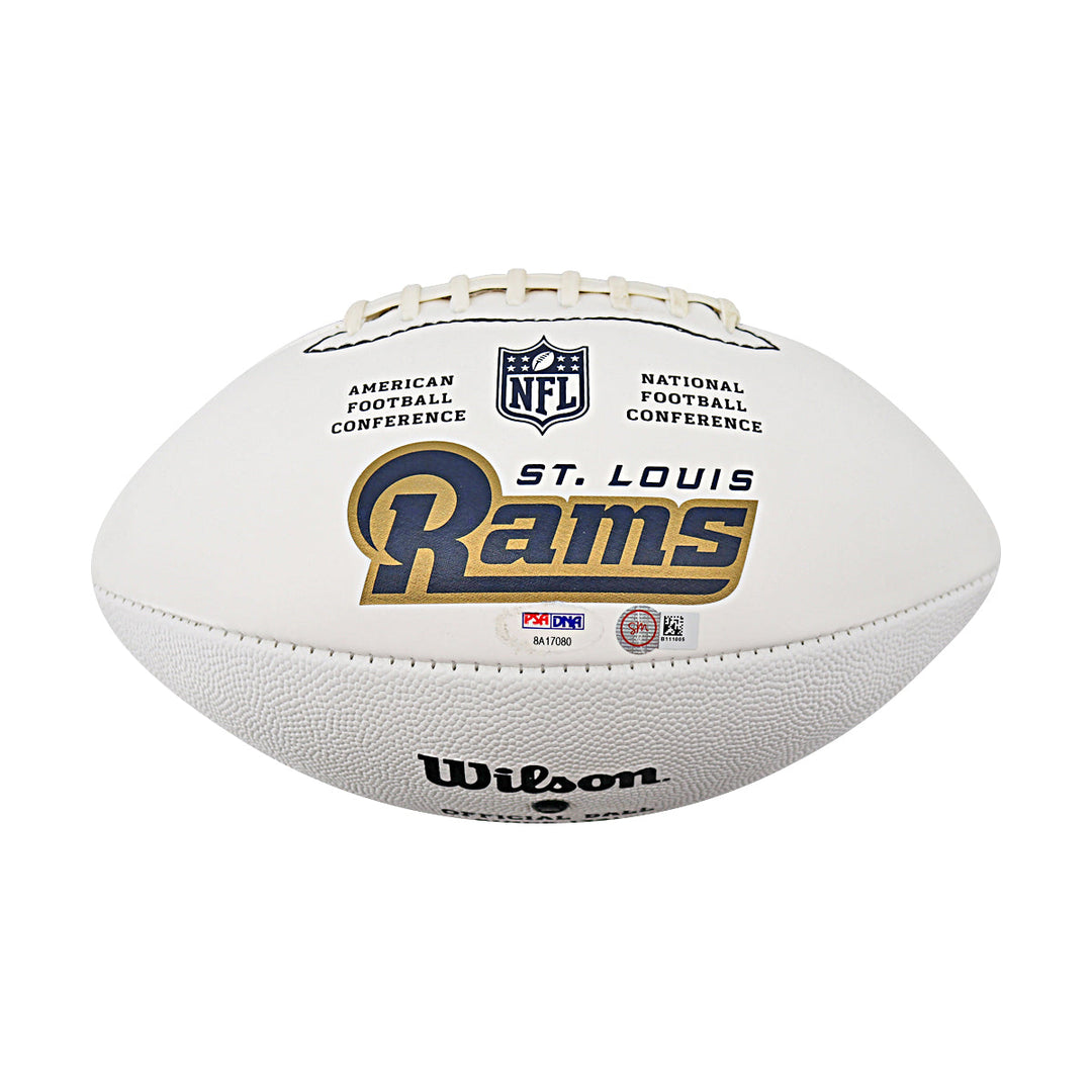 Kurt Warner Marshall Faulk Los Angeles Rams Dual Signed Inscribed White Panel Football PSA Holo