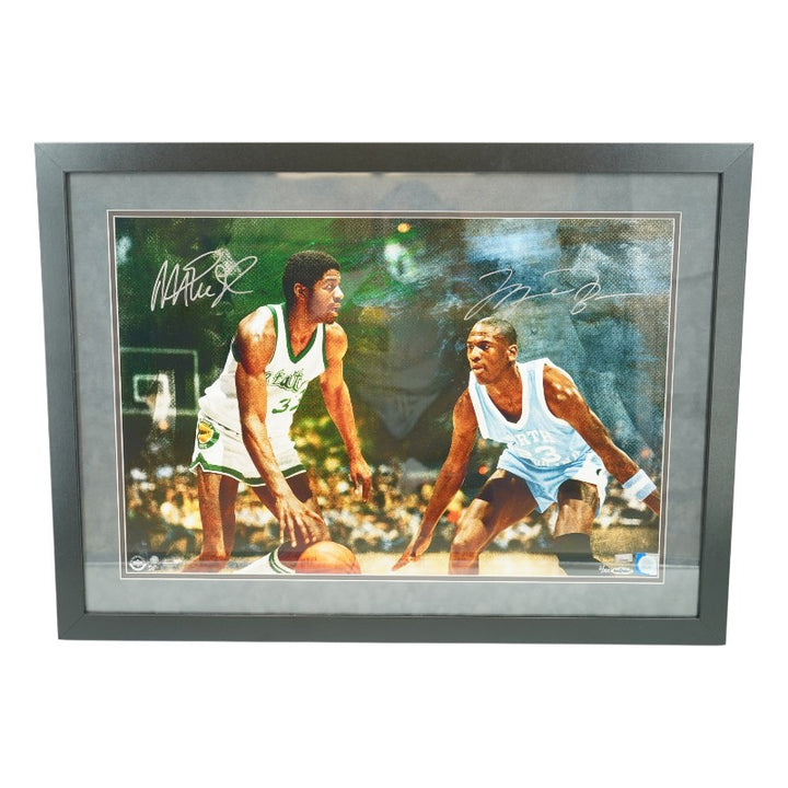Michael Jordan Magic Johnson Autographed Framed 16x24 Photo UDA COA