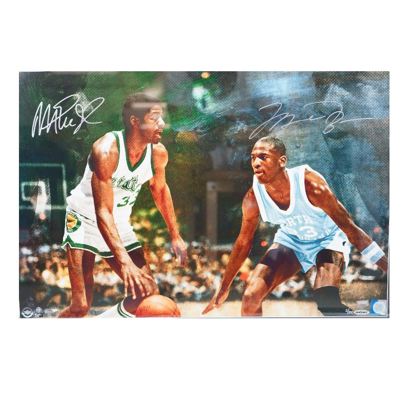Michael Jordan Magic Johnson Autographed Framed 16x24 Photo UDA COA