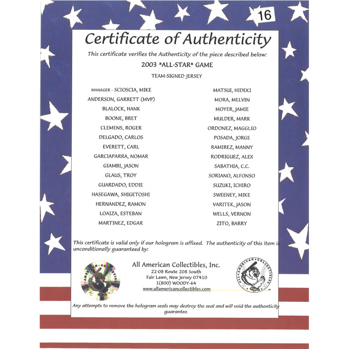 Clemens Ichiro 2003 AL All Stars Team Signed Majestic Authentic Jersey All American LOA