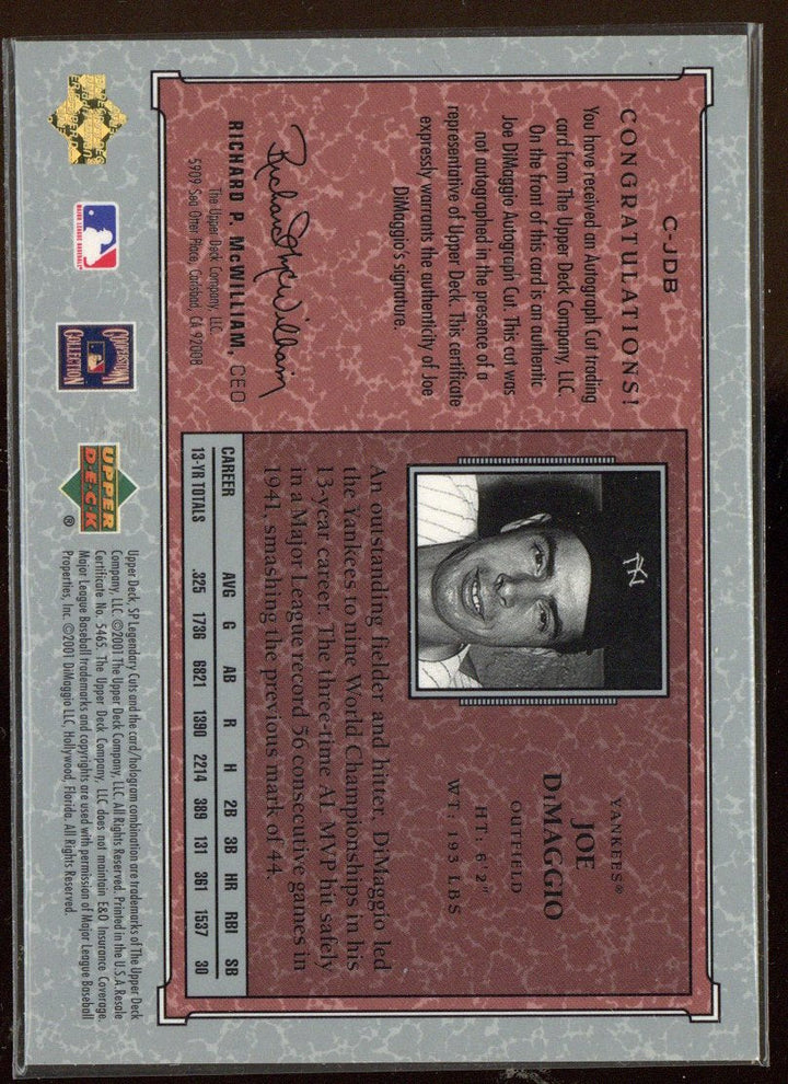 2001 Upper Deck SP Legendary Cuts Joe DiMaggio Cut Auto Yankees #CJDB /150