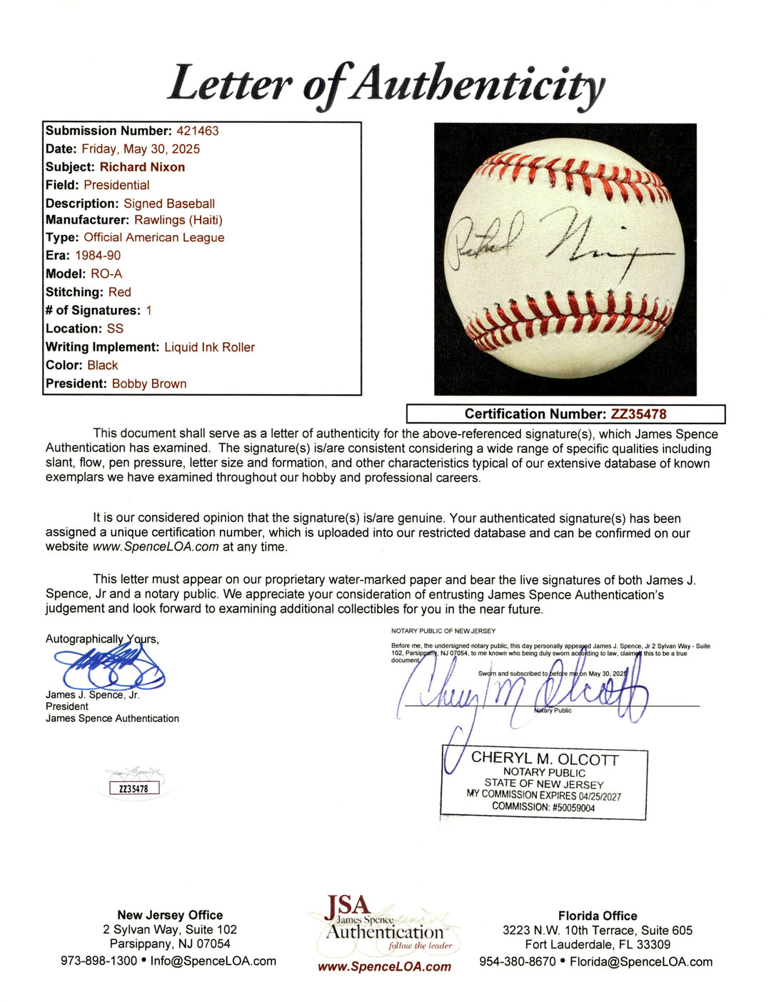 Richard Nixon U.S. President Autographed Signed OAL Baseball (JSA LOA #ZZ35478)