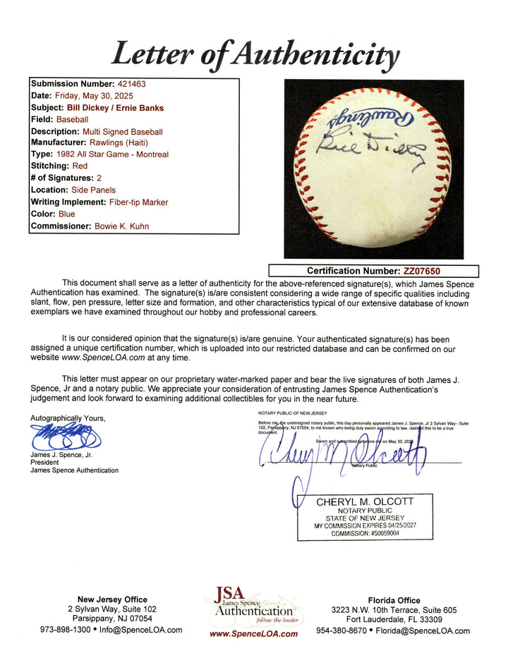 Bill Dickey Ernie Banks Yankees Cubs Autograph Signed 1982 ASG Baseball JSA LOA