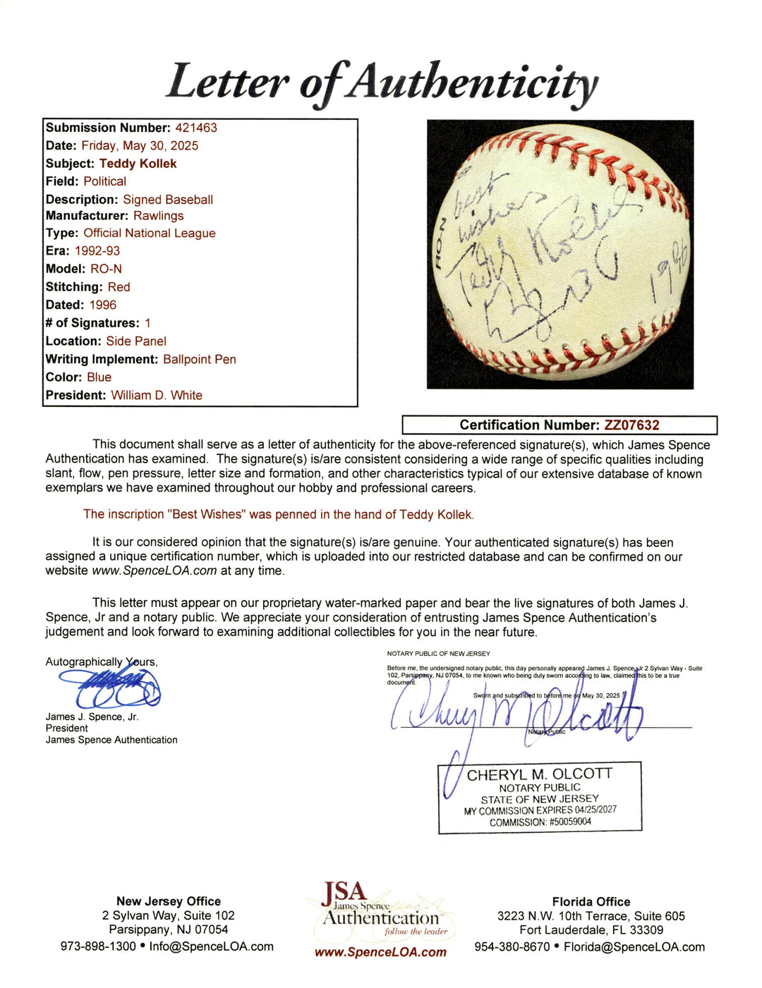 Teddy Kollek Autograph Signed Inscribed ONL Baseball (JSA LOA #ZZ07632)