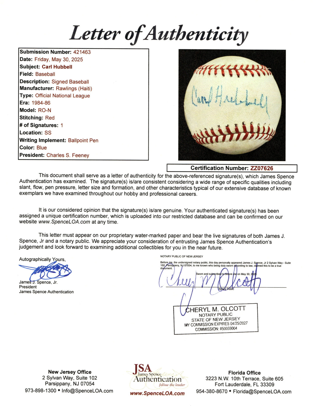 Carl Hubbell New York Mets Autograph Signed ONL Baseball (JSA LOA #ZZ07626) 