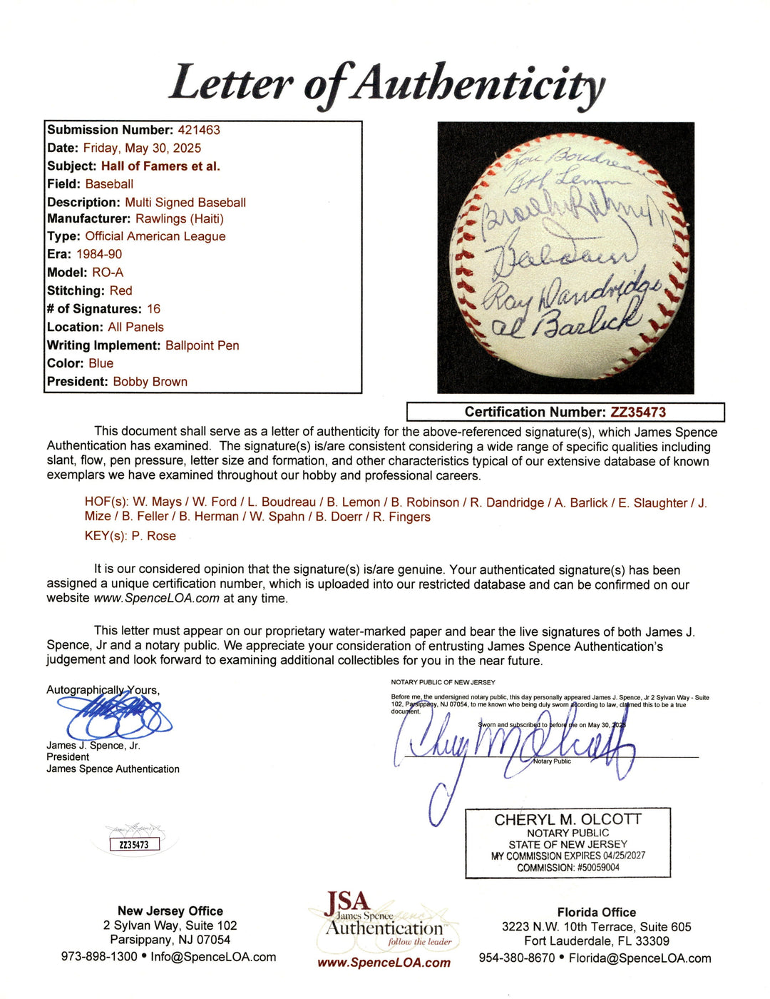 Mays Rose Ford Feller Fingers Autographed Signed OAL Baseball 16 Autos JSA LOA