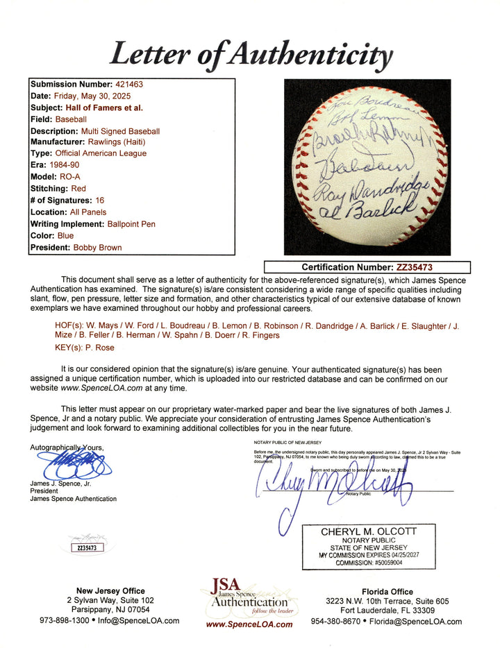 Mays Rose Ford Feller Fingers Autographed Signed OAL Baseball 16 Autos JSA LOA