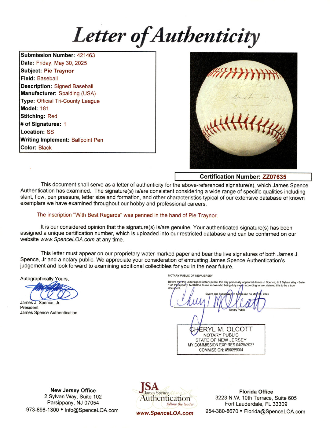 Pie Traynor Pittsburgh Pirates Autograph Signed Inscribed Official Tri-County League Baseball (JSA COA #ZZ07635)