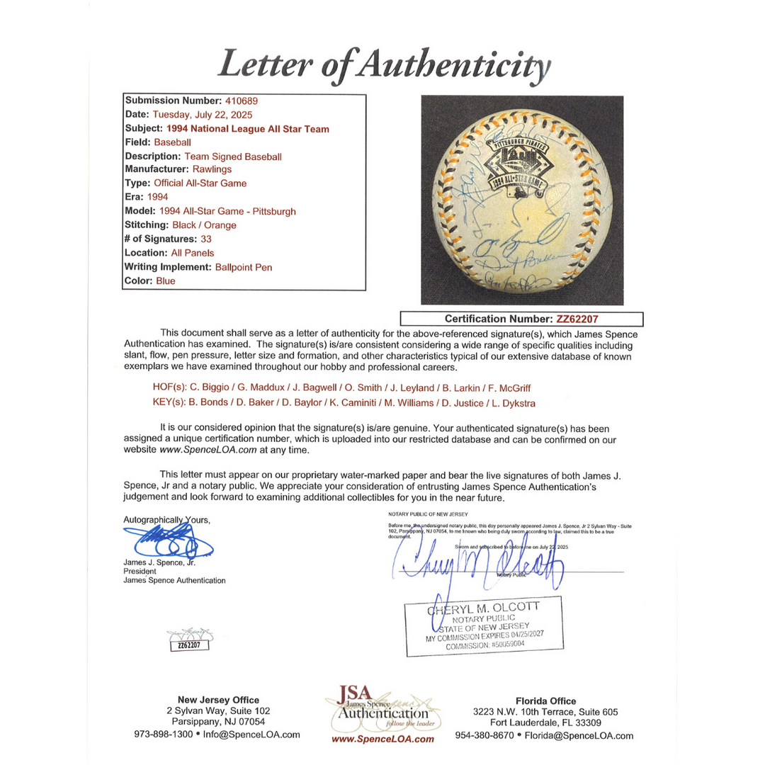 1994 National League All Star Game Team Multi Signed Autographed Logo Baseball 33 Autos (JSA LOA)