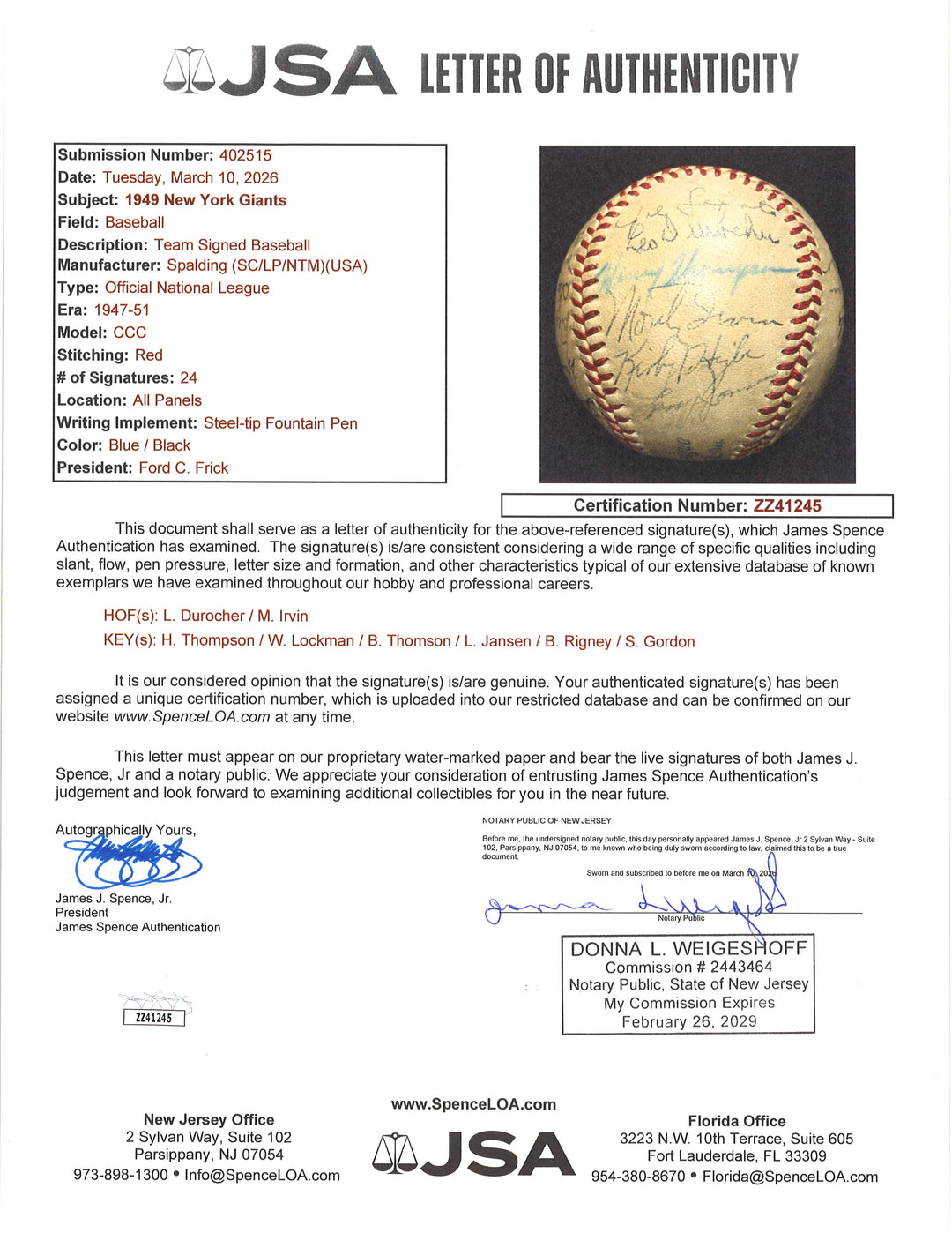 1949 San Francisco Giants Autographed ONL Baseball JSA LOA