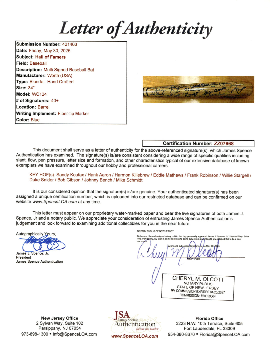 Koufax Aaron Berra Autographed Multi Signed HOFers Worth Bat 43 Autos JSA LOA
