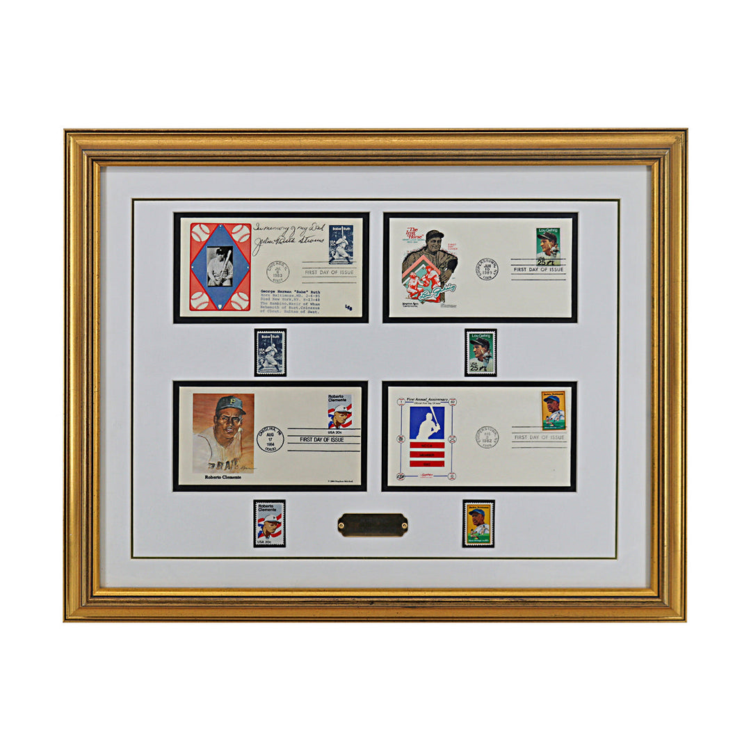 Ruth, Clemente, Gehrig, Robinson Honroing Baseball Legends Framed First Day Envelope & Stamp Collage