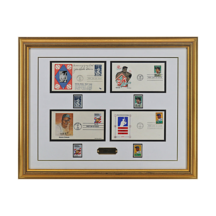 Ruth, Clemente, Gehrig, Robinson Honroing Baseball Legends Framed First Day Envelope & Stamp Collage