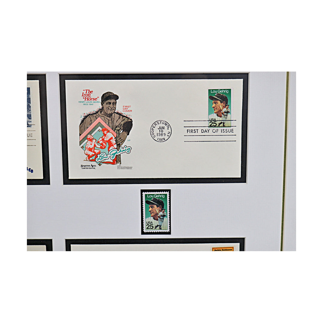 Ruth, Clemente, Gehrig, Robinson Honroing Baseball Legends Framed First Day Envelope & Stamp Collage