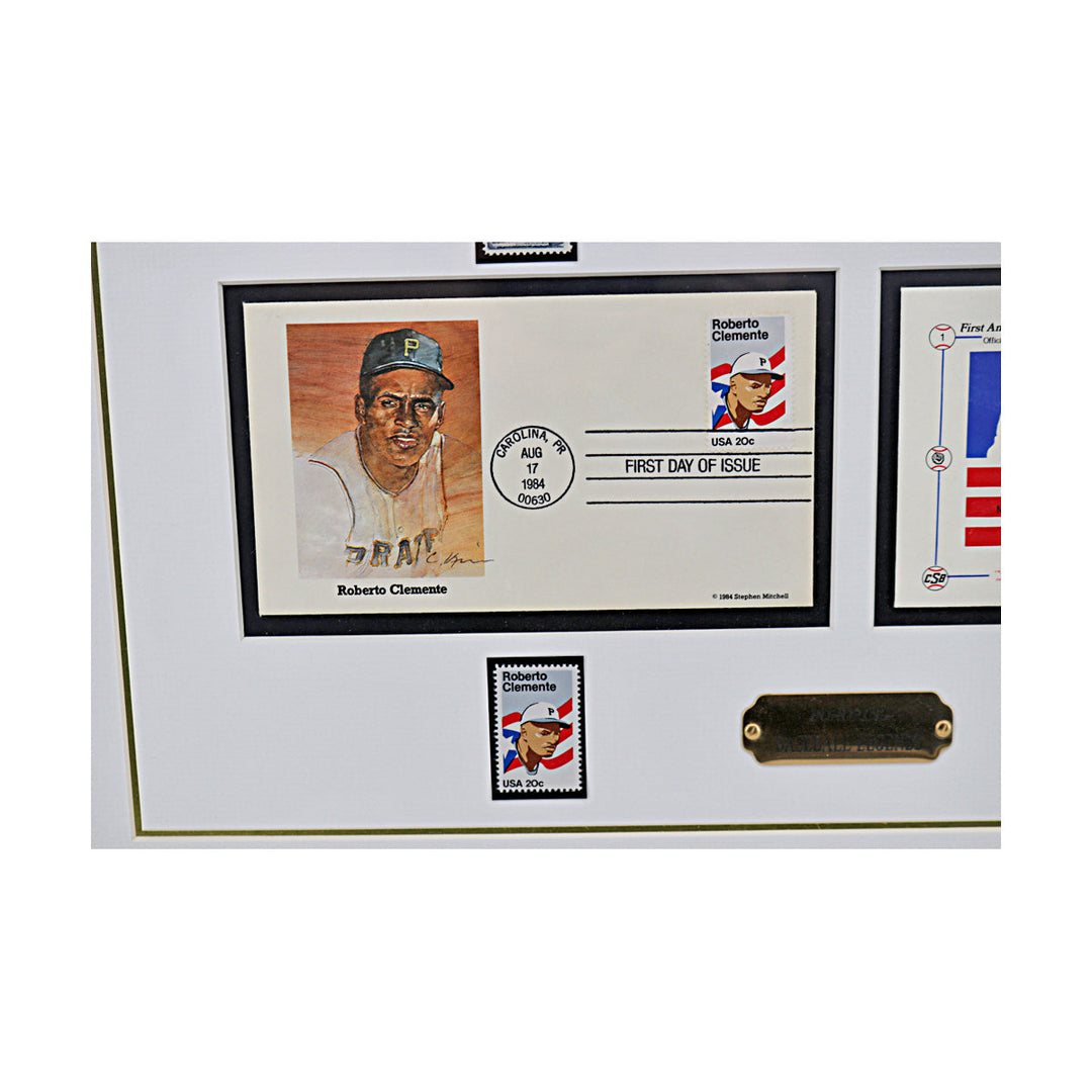 Ruth, Clemente, Gehrig, Robinson Honroing Baseball Legends Framed First Day Envelope & Stamp Collage