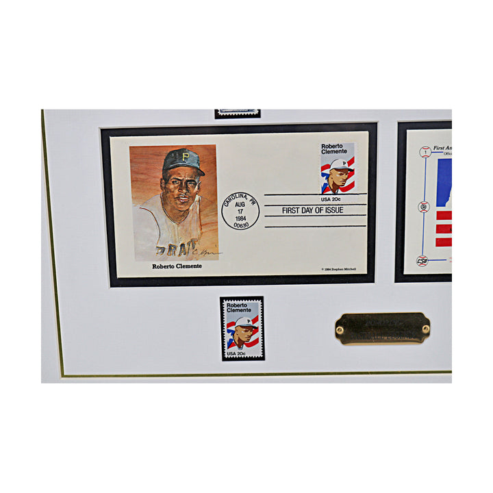 Ruth, Clemente, Gehrig, Robinson Honroing Baseball Legends Framed First Day Envelope & Stamp Collage