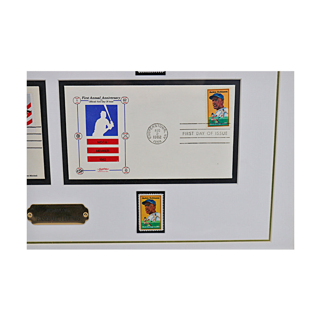 Ruth, Clemente, Gehrig, Robinson Honroing Baseball Legends Framed First Day Envelope & Stamp Collage