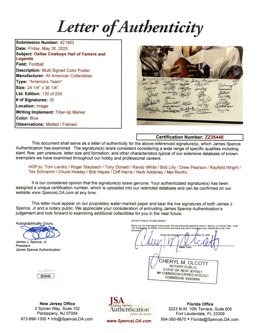 Staubach Dorsett Landry Cowboys Team Signed Framed 1970s Lithograph 35 Autos JSA