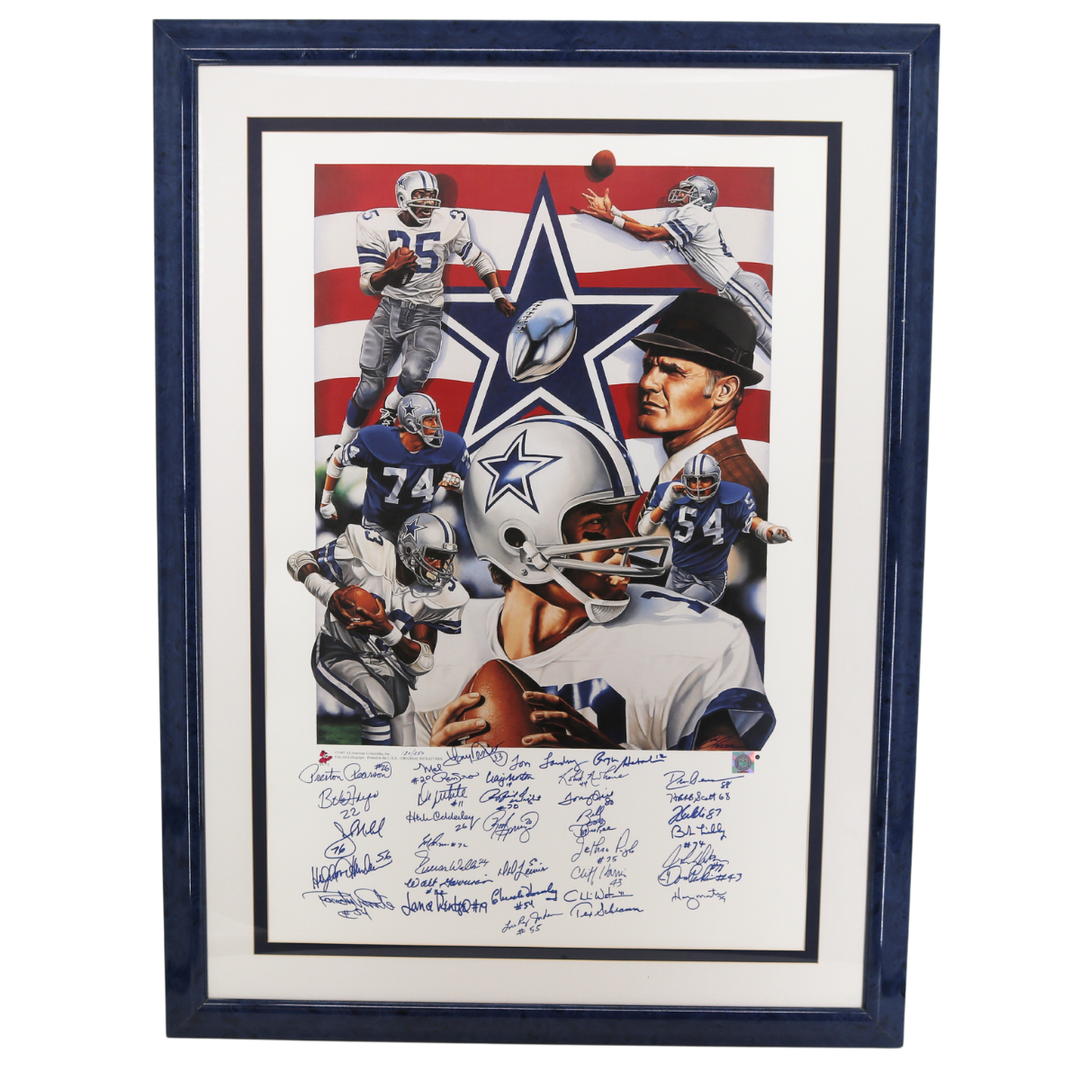 Staubach Dorsett Landry Cowboys Team Signed Framed 1970s Lithograph 35 Autos JSA