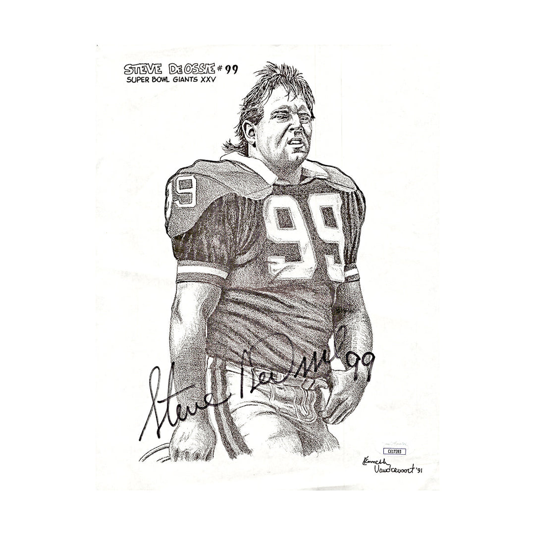 Steve DeOssie New York Giants Autograph Signed 8.5x11 Artist Photo (JSA COA #CE17393)
