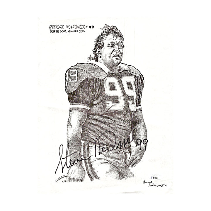 Steve DeOssie New York Giants Autograph Signed 8.5x11 Artist Photo (JSA COA #CE17393)