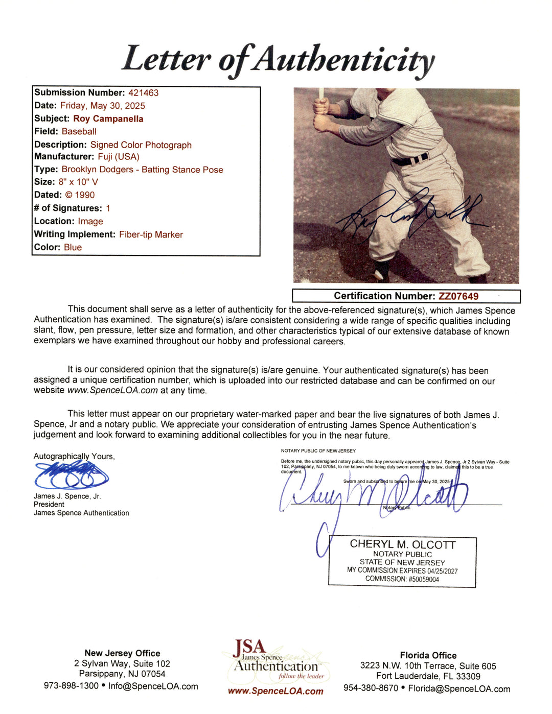 Roy Campanella Dodgers Autographed Signed 8x10 Photo (JSA LOA #ZZ07649)