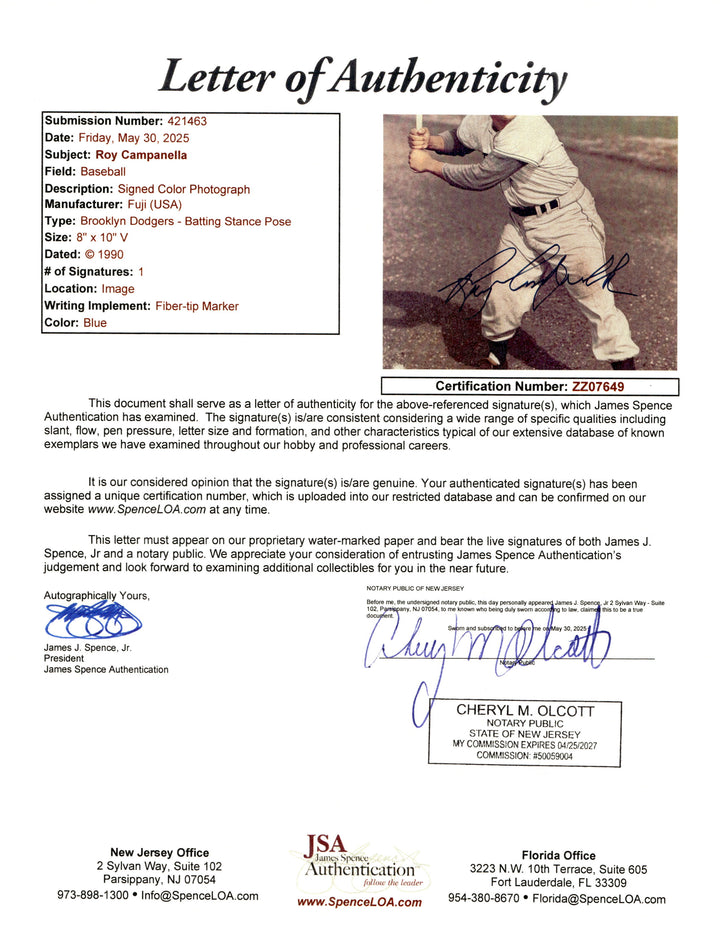 Roy Campanella Dodgers Autographed Signed 8x10 Photo (JSA LOA #ZZ07649)