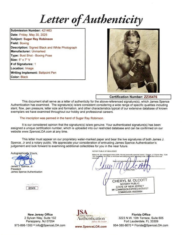 Sugar Ray Robinson Autographed Signed Inscribed 5x7 Photo (JSA LOA #ZZ35476)