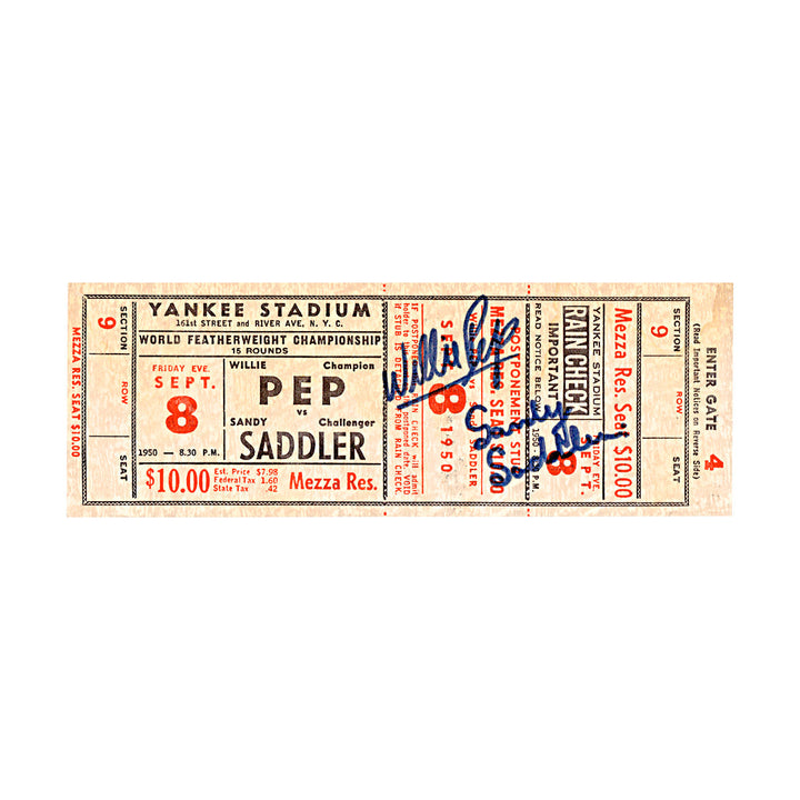 Willie Pep Sandy Saddler Boxing Autographed Signed September 8, 1950 Ticket Yankee Stadium (JSA COA #CE17178)