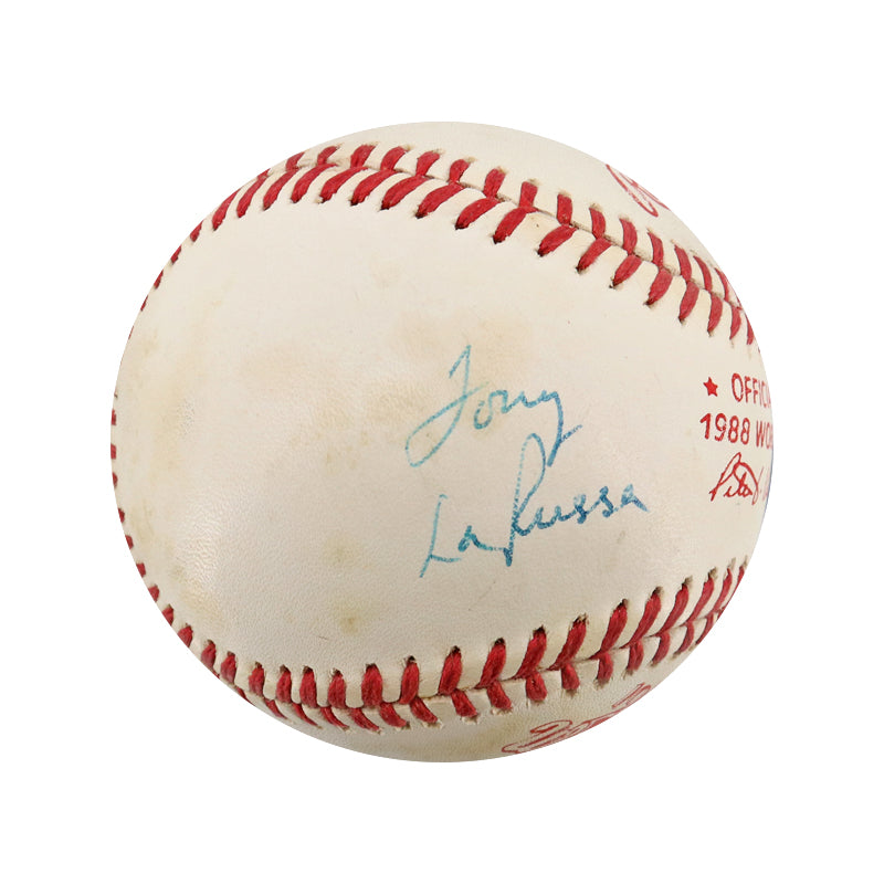 Tom Lasorda and Tony LaRussa Dual Signed 1988 World Series Logo Baseball (JSA #AL13484)