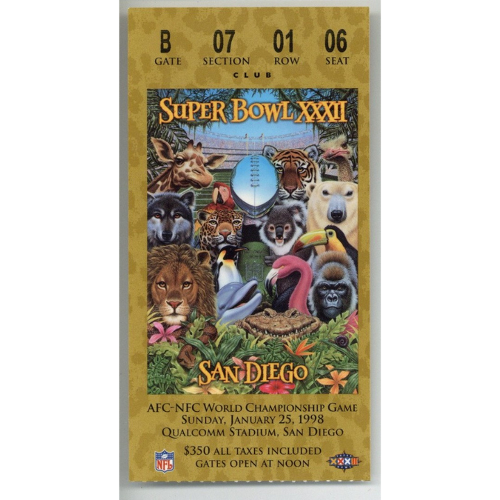 1998 NFL Super Bowl XXXII Ticket Stub Denver Broncos Green Bay Packers Seat 6