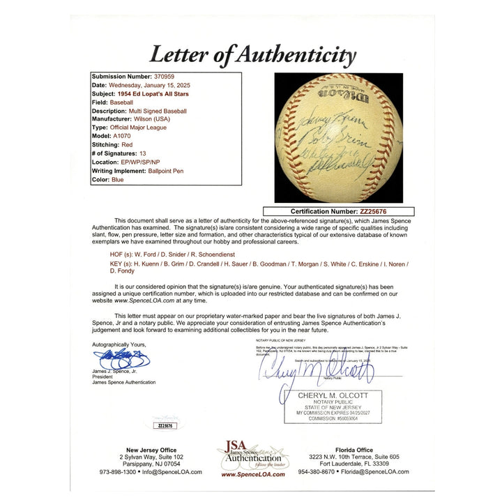 Ford, Snider, Schoendienst 1954 Ed Lopat's All Stars Multi Signed Autographed Wilson OML Baseball (JSA LOA #ZZ25676)