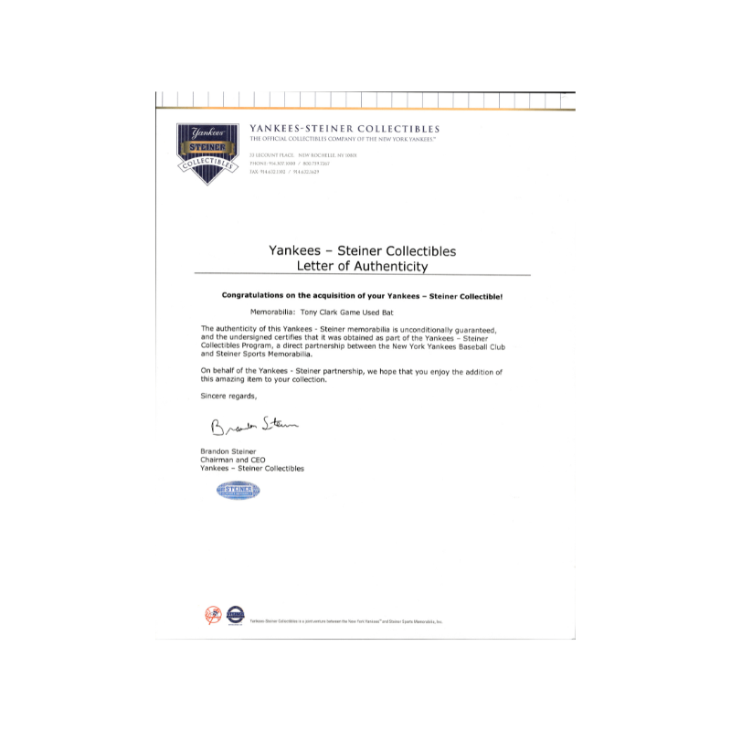 Tony Clark New York Yankees Game Used Cracked Louisville Black C333 Bat (Steiner LOA)