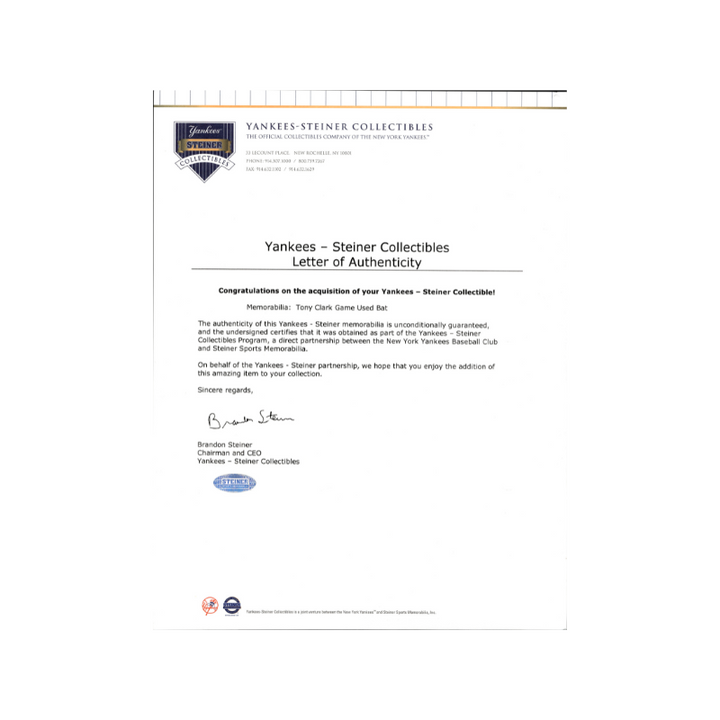 Tony Clark New York Yankees Game Used Cracked Louisville Black C333 Bat (Steiner LOA)