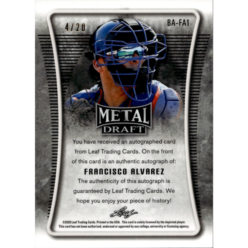 2020 Leaf Metal Draft Auto XRC Blue Wave #LA-FA1 Francisco Alvarez 4/20 #BA-FA1 New York Mets