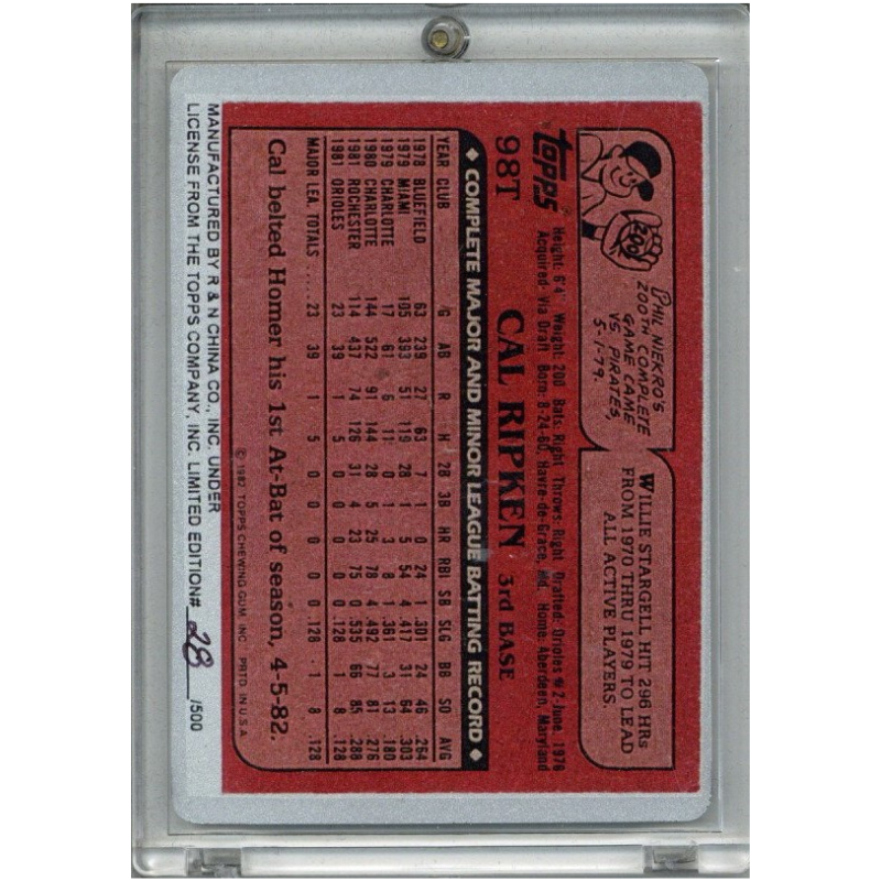 Cal Ripken Jr. Baltimore Orioles 1982 Topps Vintage Keeper Metal Card #28/500