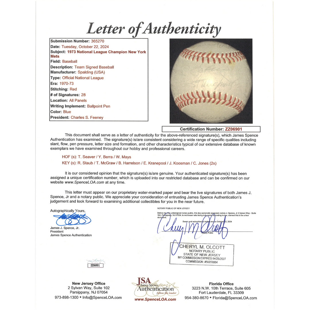 Seaver Berra Mays 1973 New York Mets 28 Signature Team Signed ONL Baseball (JSA LOA)