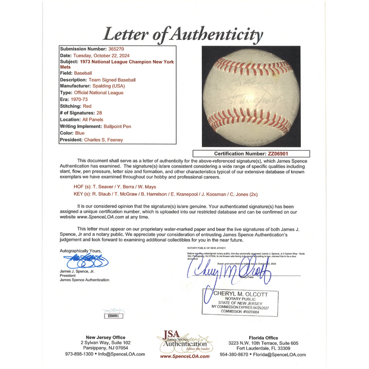 Seaver Berra Mays 1973 New York Mets 28 Signature Team Signed ONL Baseball (JSA LOA)